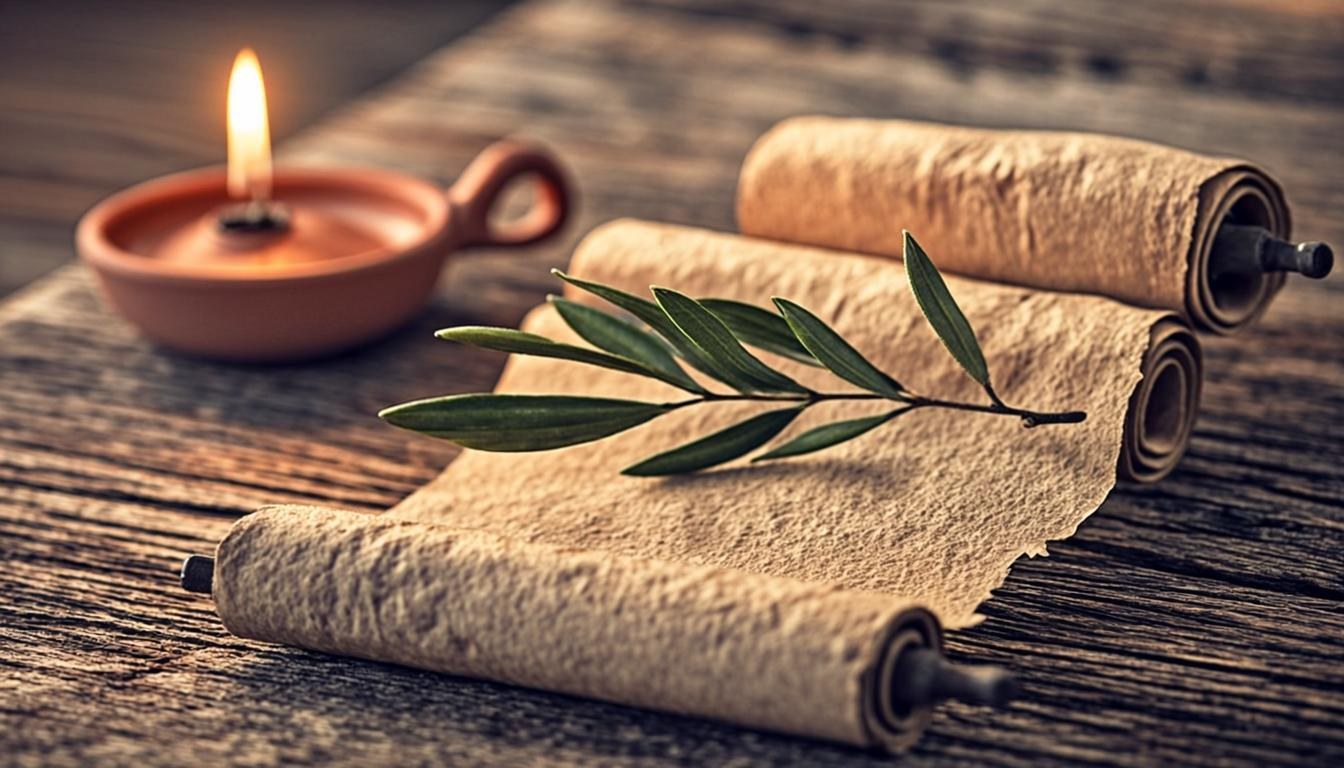 An ancient scroll, olive branch, and clay oil lamp on rustic wood