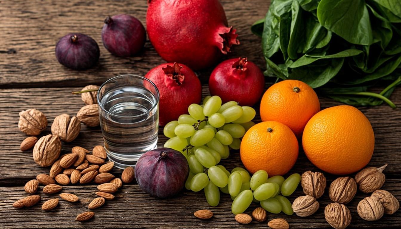 Fresh whole foods, fruits, and water on a rustic table