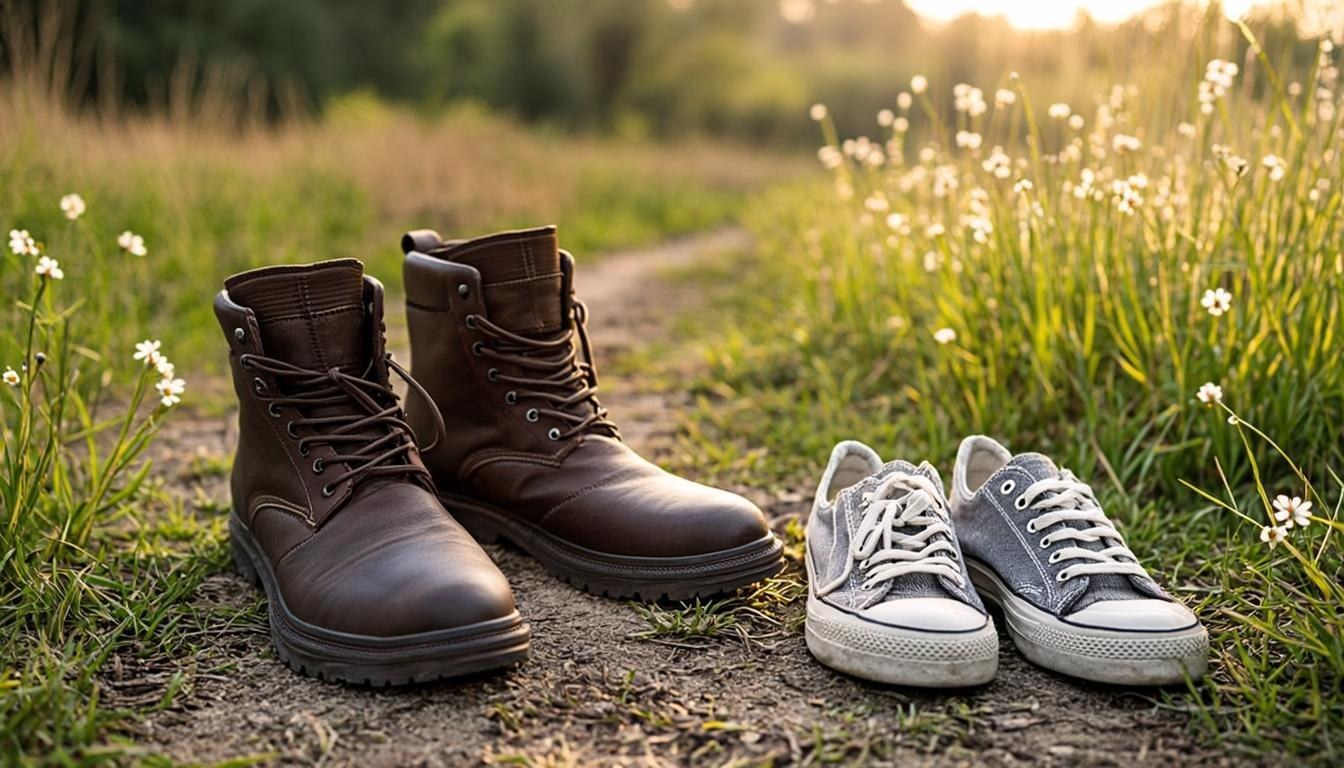 Two pairs of walking shoes on a sunlit path through a meadow